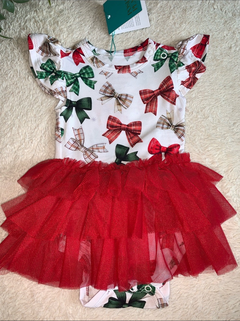NWT Posh Peanut Christabel Bamboo Ruffled Tulle Dress Red Green Bows 3-6M